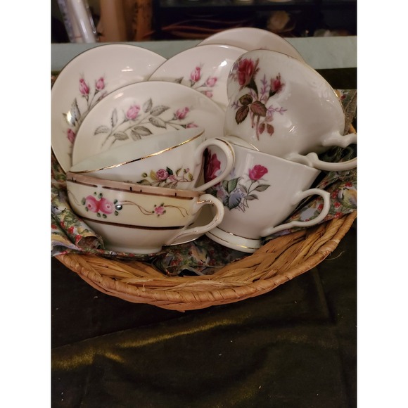 Basket of Vintage Floral Tea Cups and Saucers Set Collection Unique Designs - Picture 1 of 16